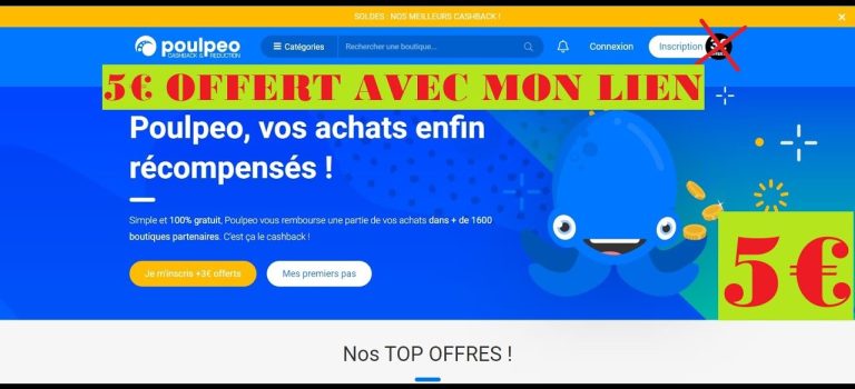 CASHBACK POULPEO 5€ offert puis gagner de l&rsquo;argent en achetant,  économie, bon d&rsquo;achat , code promo